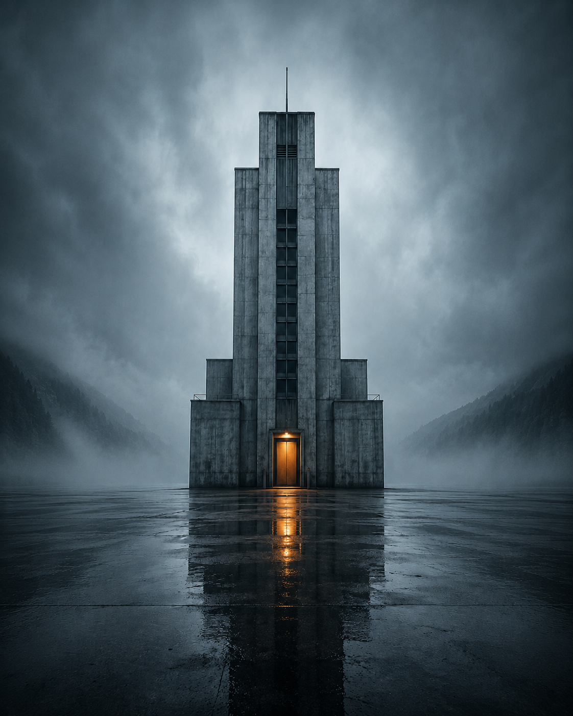 Monolithischer Betonturm im Nebel aus der Serie Silent Structures