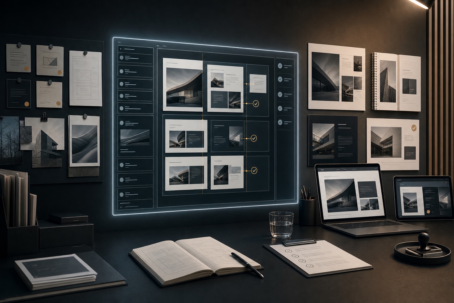 Visueller Workflow vom Briefing über einen bearbeitbaren Canvas bis zu mehreren Ausgabeformaten