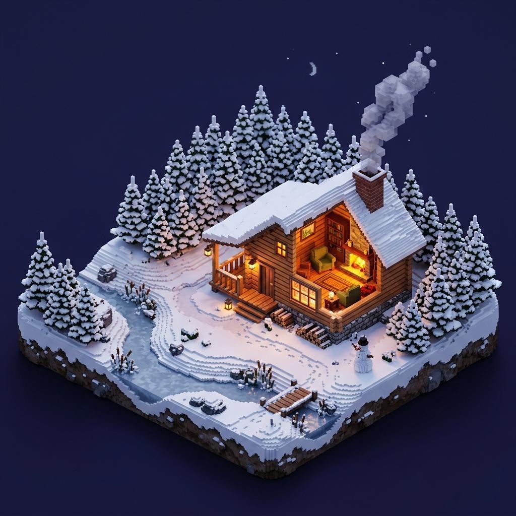 Isometrisches Voxel Diorama als Miniaturwelt