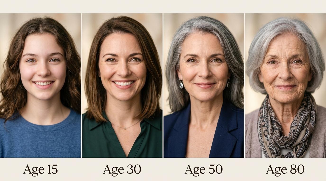 Realistische Alters-Progression einer Person über mehrere Lebensphasen