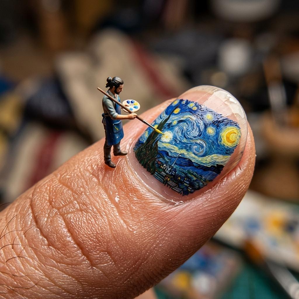 Makro-Fingernagel mit kleiner Miniaturwelt und Spiegelung
