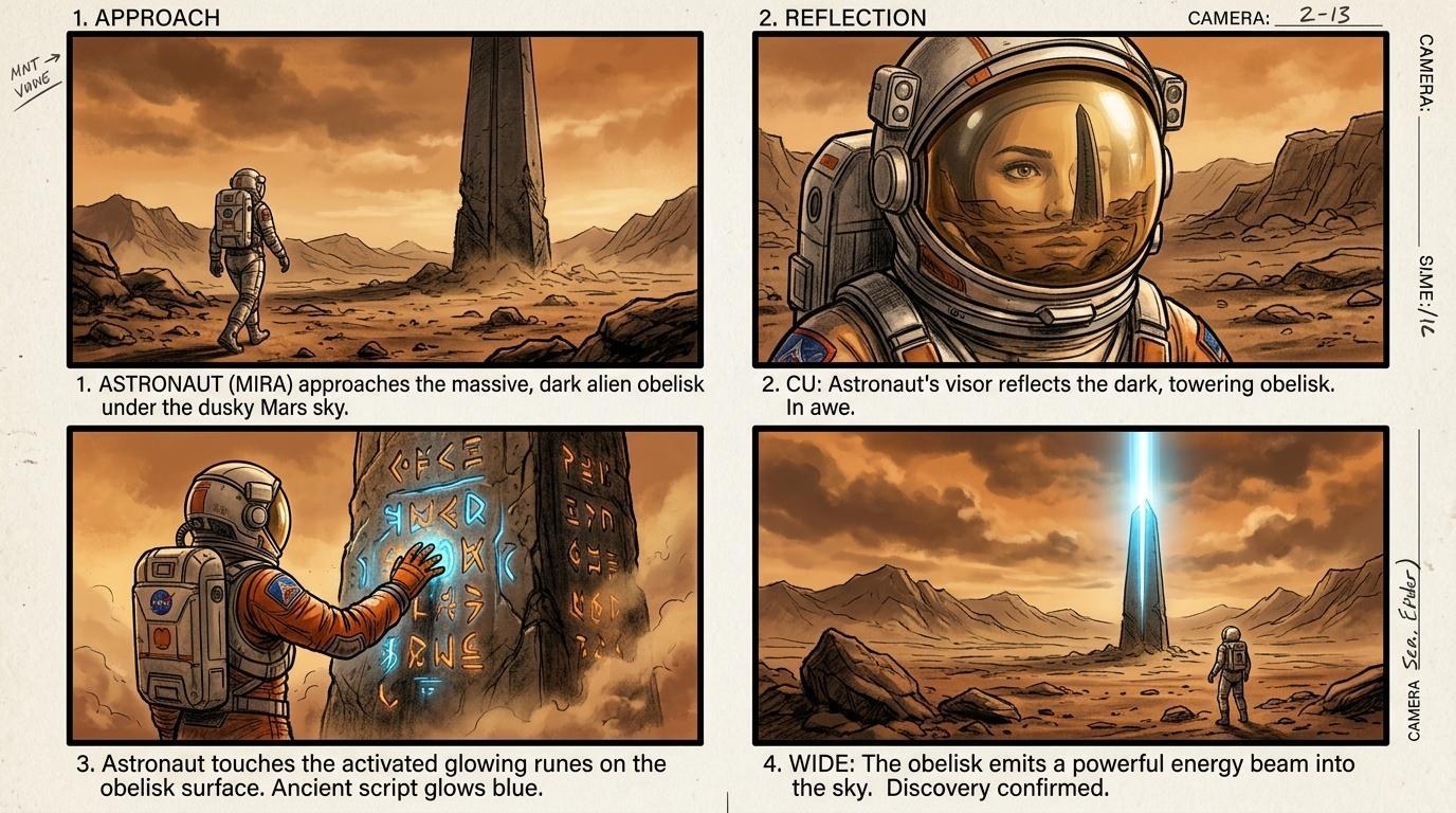 Vier Panel Storyboard mit konsistenter Lichtführung